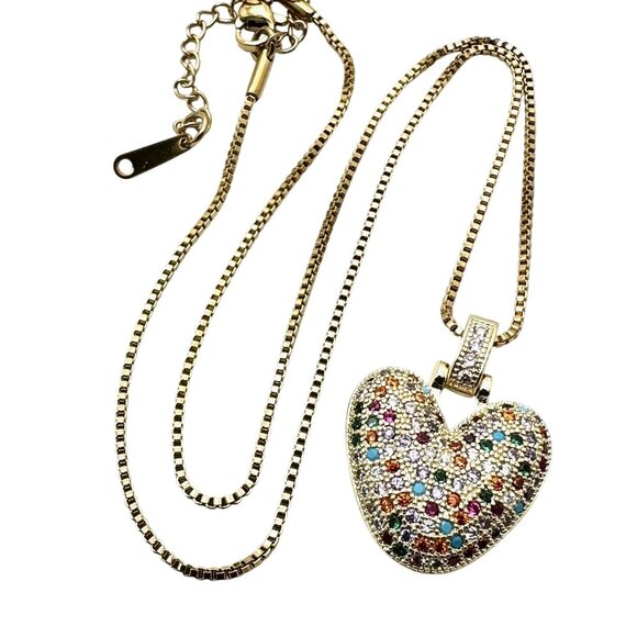 Multicolor Zircon 18K Yellow Gold Plated Heart Pendant Necklace 18 Inch Chain - Picture 3 of 5